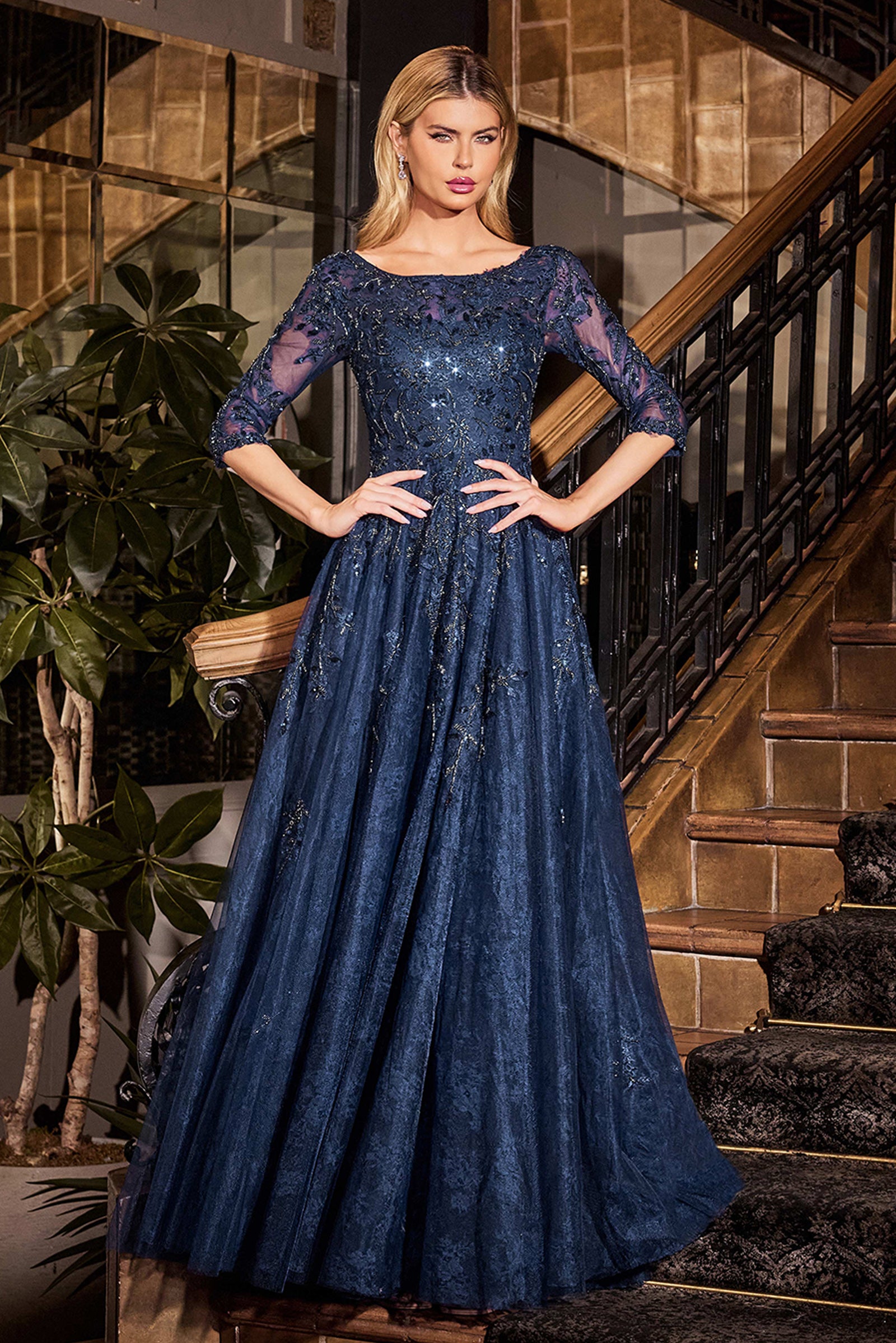 Ladivine CK2401 A Line Lace & Tulle Gown, Navy / 14 Ladivine CK2401 A Line Lace & Tulle Gown, Navy / 14