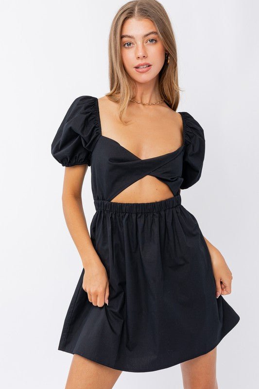 black puff sleeve cut out dress Nasty Gal Women's Velvet Satin Mix Puff Sleeve Cut Out Mini Dress in Black