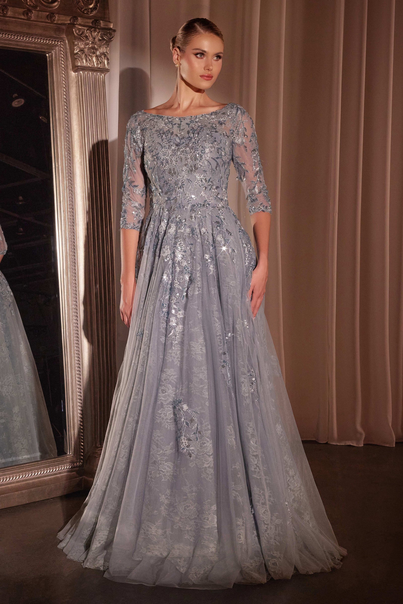 Dark Grey Prom Dress La Femme Women's A Line Tulle And Lace Gown With Boat Neckline Dark Grey Prom Dress La Femme Women's A Line Tulle And Lace Gown With Boat Neckline