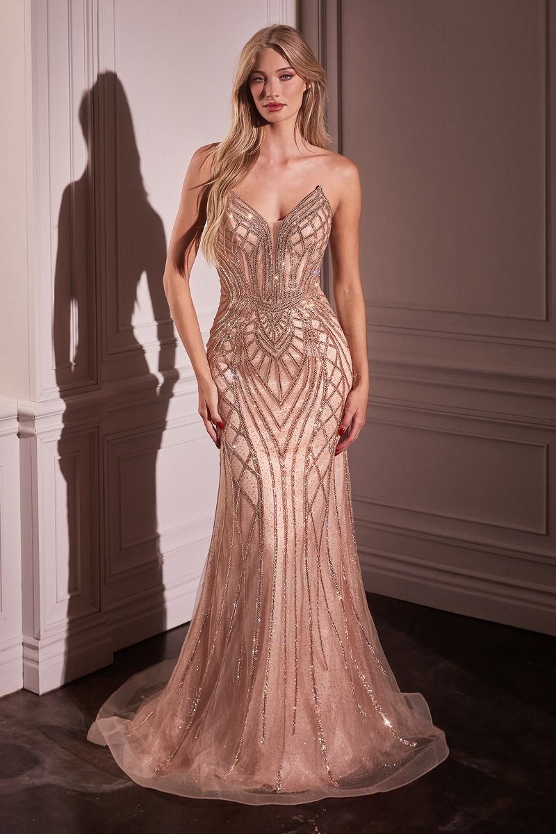 Formal Glitter Prom Fitted Long Dress LaDivine CC6018 - Rose Gold / 8 Formal Glitter Prom Fitted Long Dress LaDivine CC6018 - Rose Gold / 8